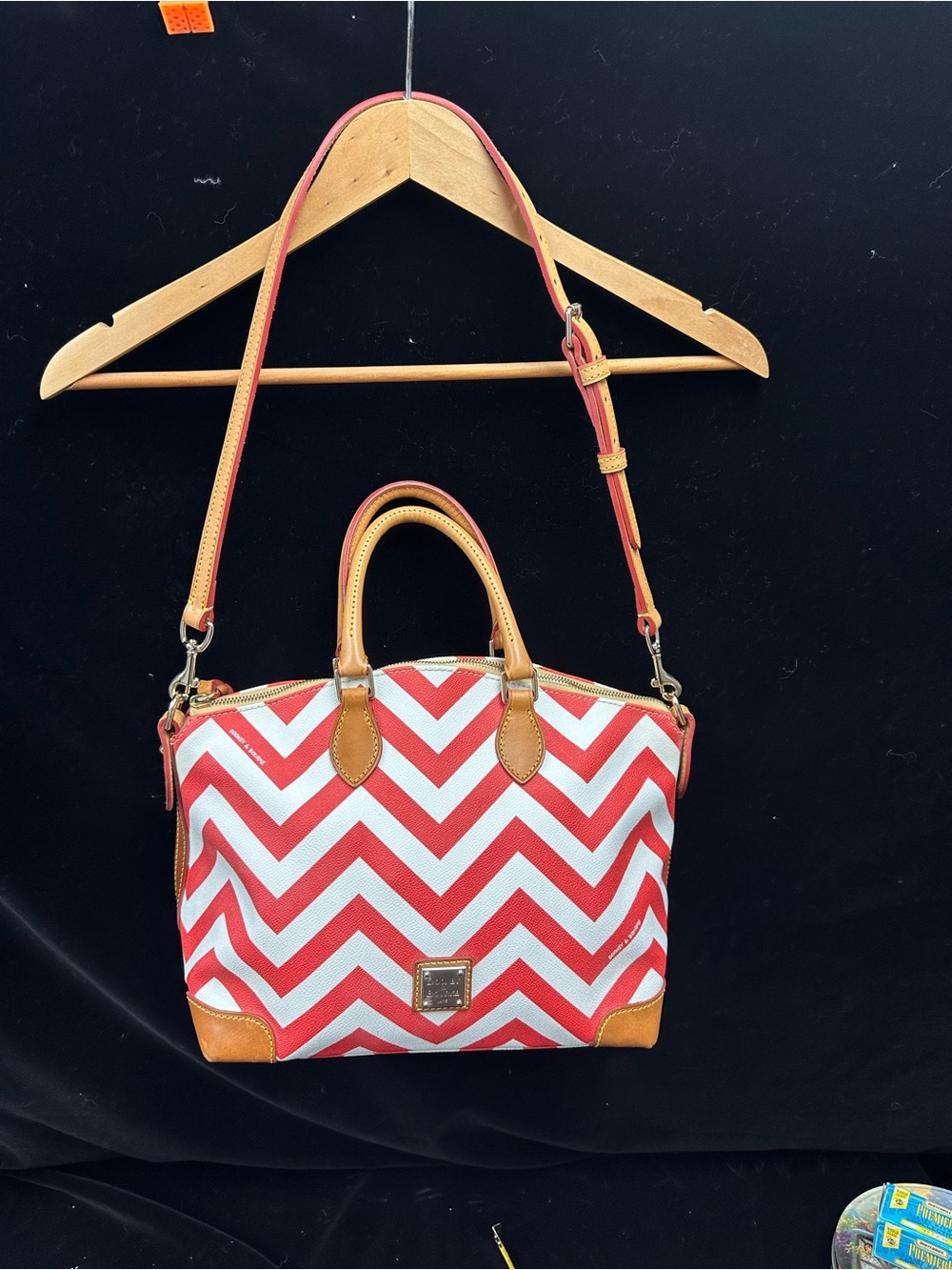 Dooney & Bourke Red Chevron Satchel with Tan Leather Trim